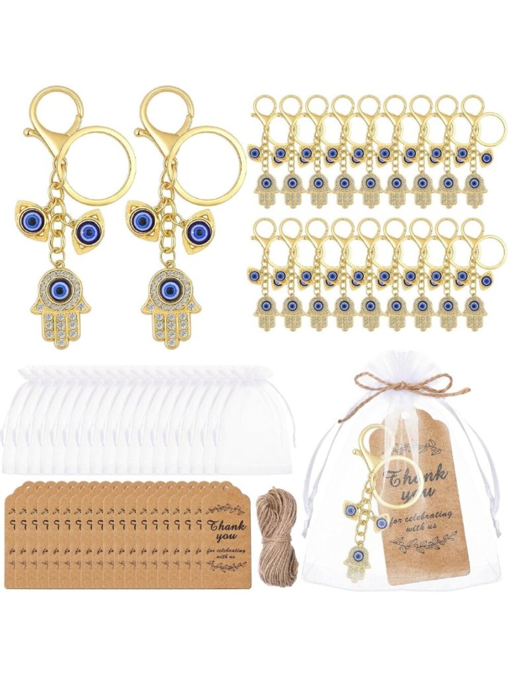 Evil Eye Hamsa Hand Keychain Set - 20 Blue Charms for Party Favors & Gifts